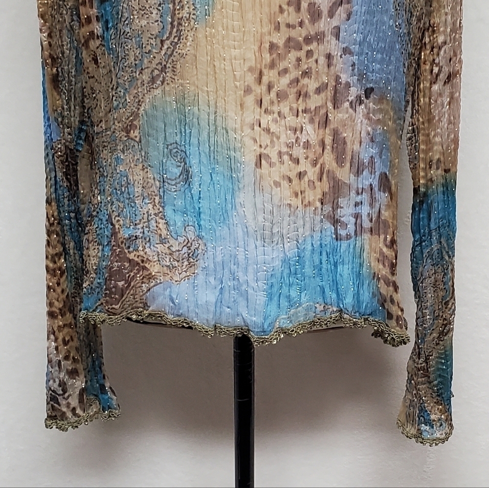 Vintage OOAK Alberto Makali Blue Leopard Print Gold Metallic Knit Abstract Top - Picture 13 of 14